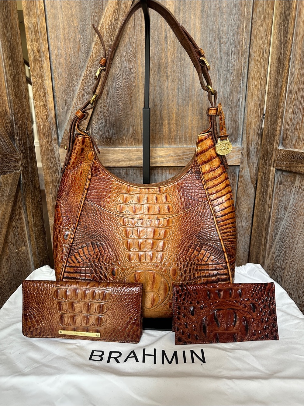 Brahmin Brown Croc-Embossed Shoulder Bag with Matching Wallet & Checkbook Cover